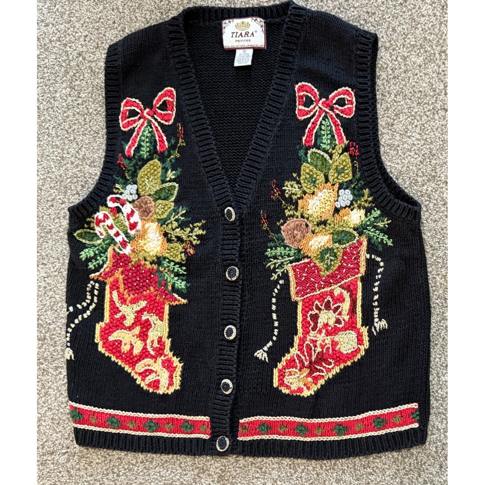 Tiara International Christmas Sweater Vest M Black Stockings